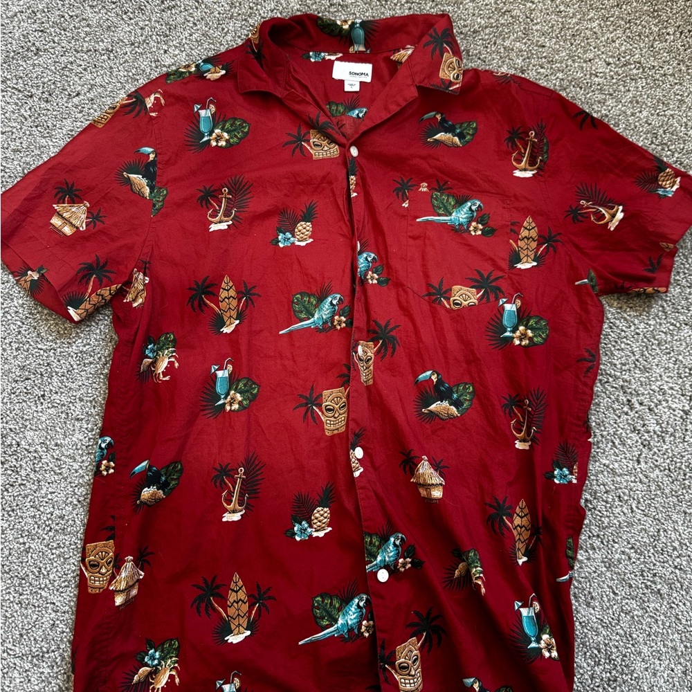 Red Tropical Print Men's Tiki Shirt